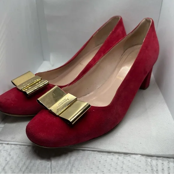 Kate Spade New York - Red Leather Suede Gold Metal Logo Bow Block Heel Pump 7 - Picture 2 of 9